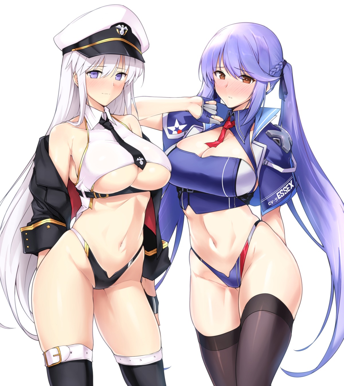 azur_lane cleavage enterprise_(azur_lane) essex_(azur_lane) halcon open_shirt pantsu thighhighs underboob uniform