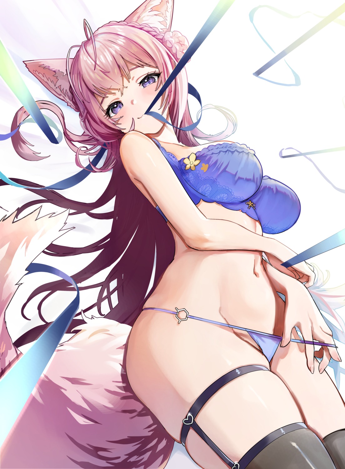 animal_ears bra garter hakui_koyori hololive pantsu panty_pull stockings sunano_reona tail thighhighs thong undressing