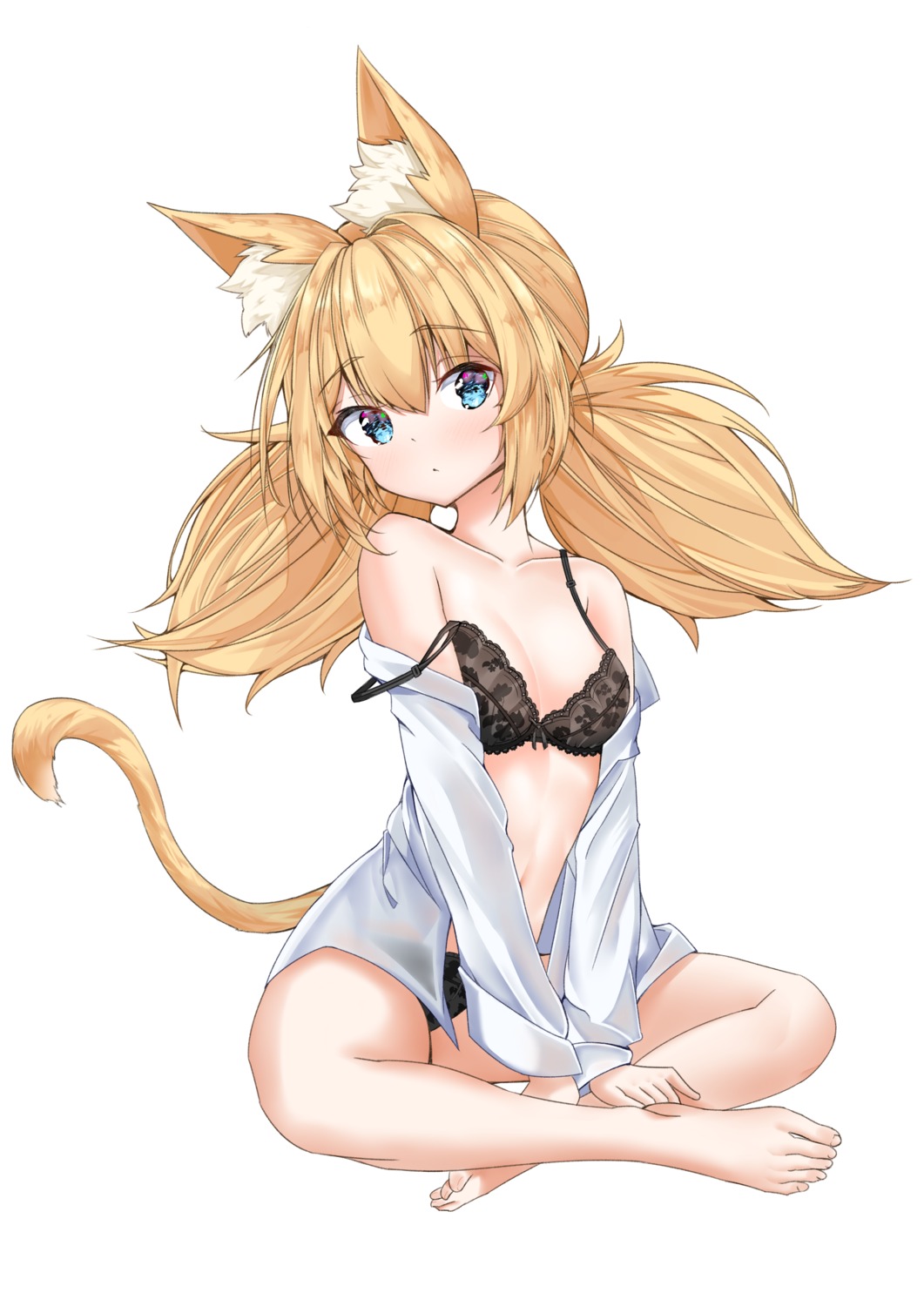 animal_ears bra dress_shirt feet girls_frontline idw_(girls_frontline) nekomimi open_shirt pantsu see_through tail tor_ai