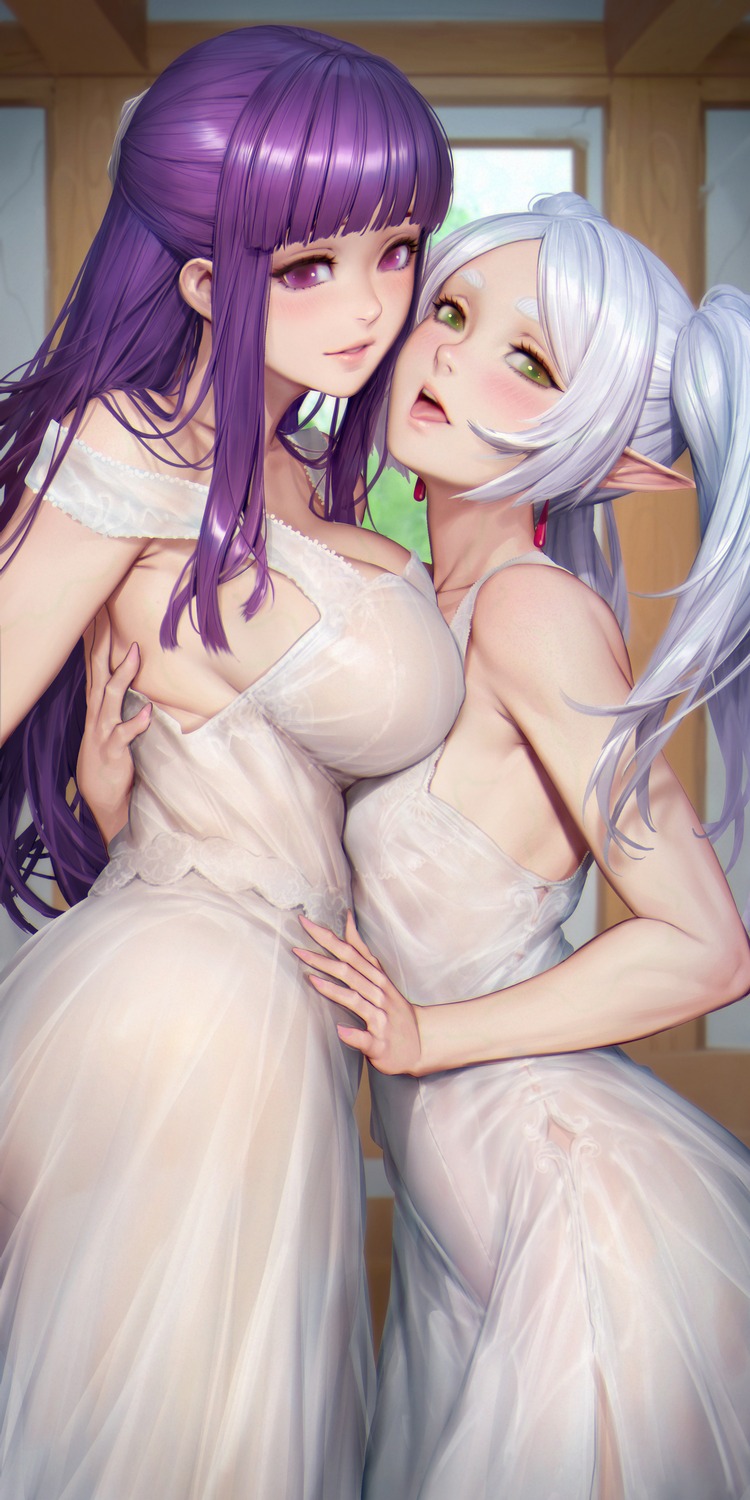 dress elf fern frieren nudtawut_thongmai pointy_ears see_through sousou_no_frieren yuri