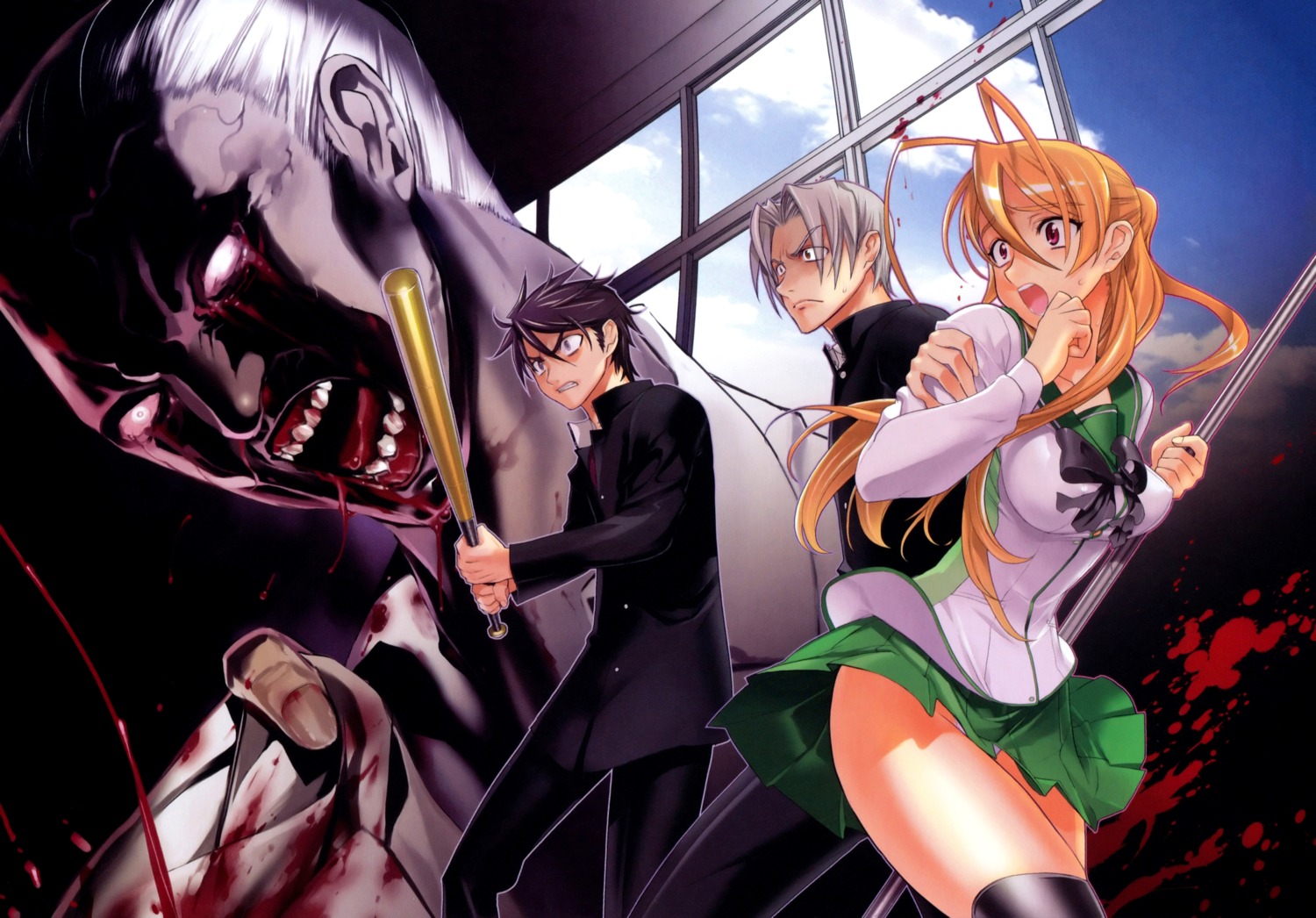 blood highschool_of_the_dead igou_hisashi inazuma komuro_takashi miyamoto_rei pantsu seifuku thighhighs weapon