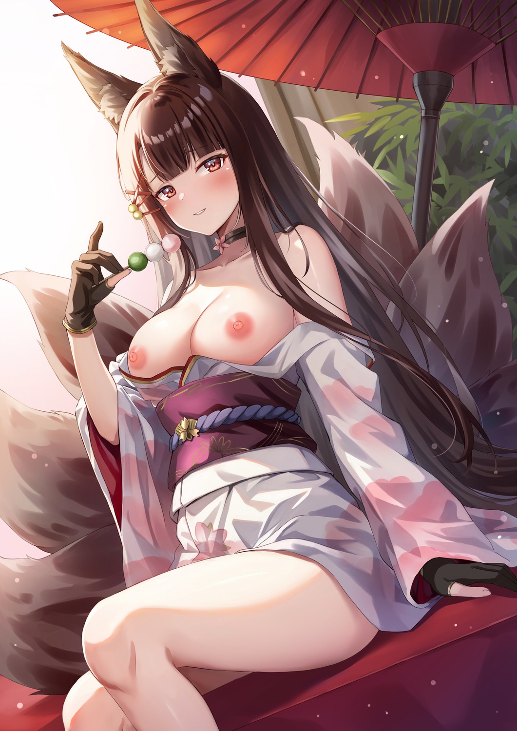 akagi_(azur_lane) animal_ears azur_lane breasts kimono kitsune nipples no_bra open_shirt sebu_illust tail