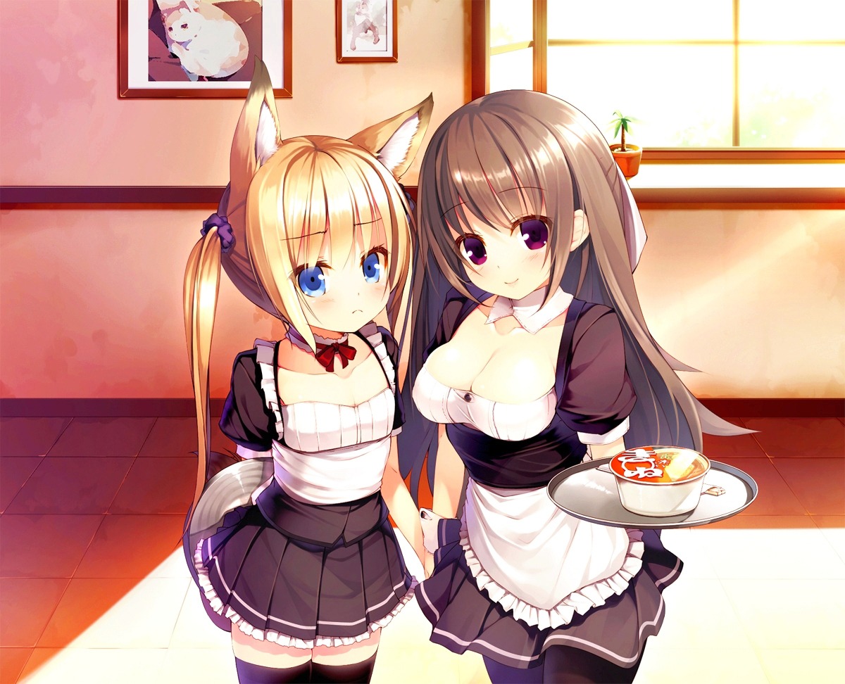 animal_ears cleavage nekomu thighhighs waitress