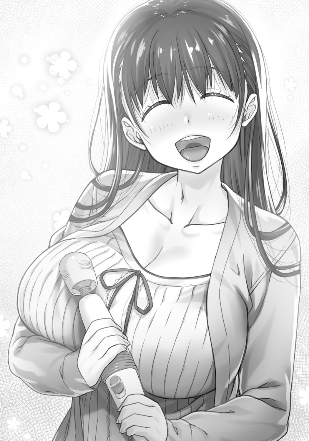 breast_hold choppiri_toshiue_demo_kanojo_ni_shite_kuremasu_ka?_~tamaranaku_itooshiku_tonikaku_toutoi~ cleavage monochrome nanase_meruchi orihara_hime vibrator