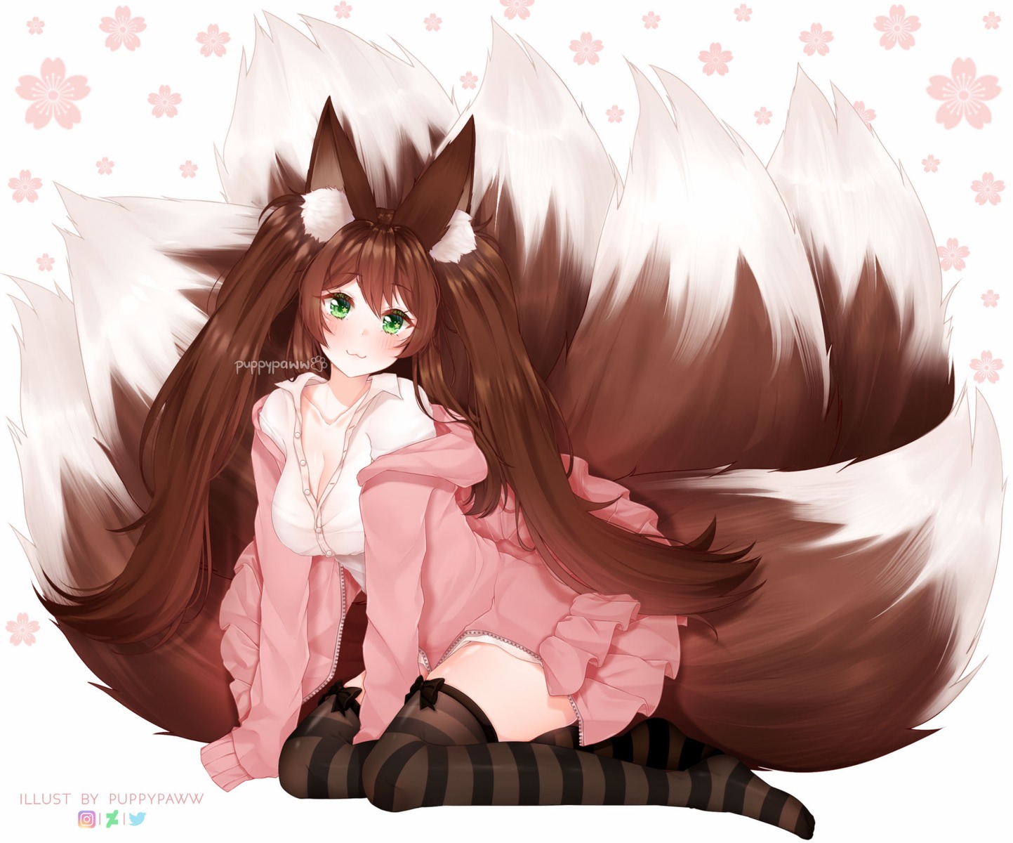 animal_ears cleavage kitsune open_shirt plushmallow puppypaww seifuku sweater tail thighhighs