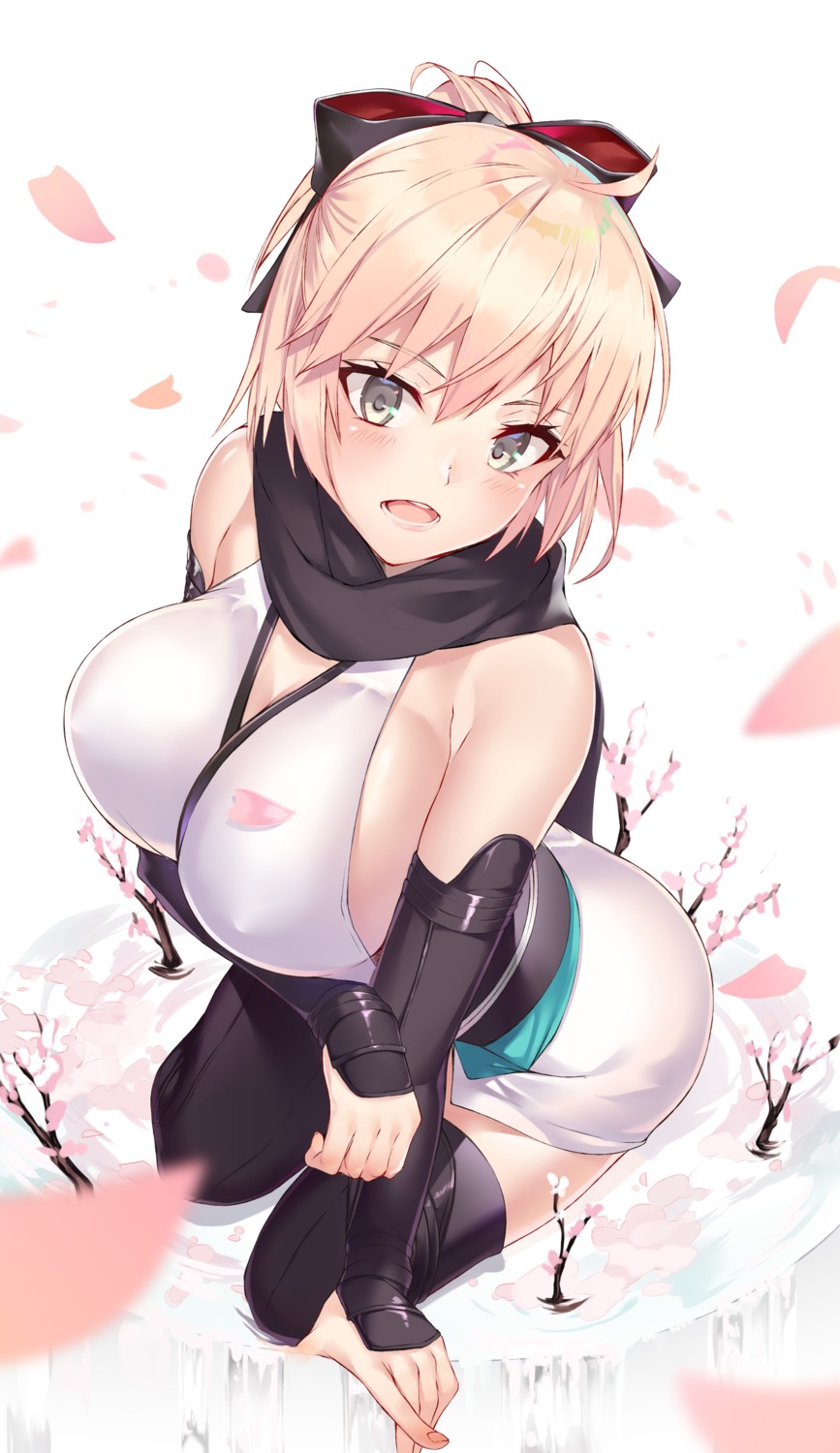cleavage fate/grand_order japanese_clothes okita_souji_(fate) thighhighs