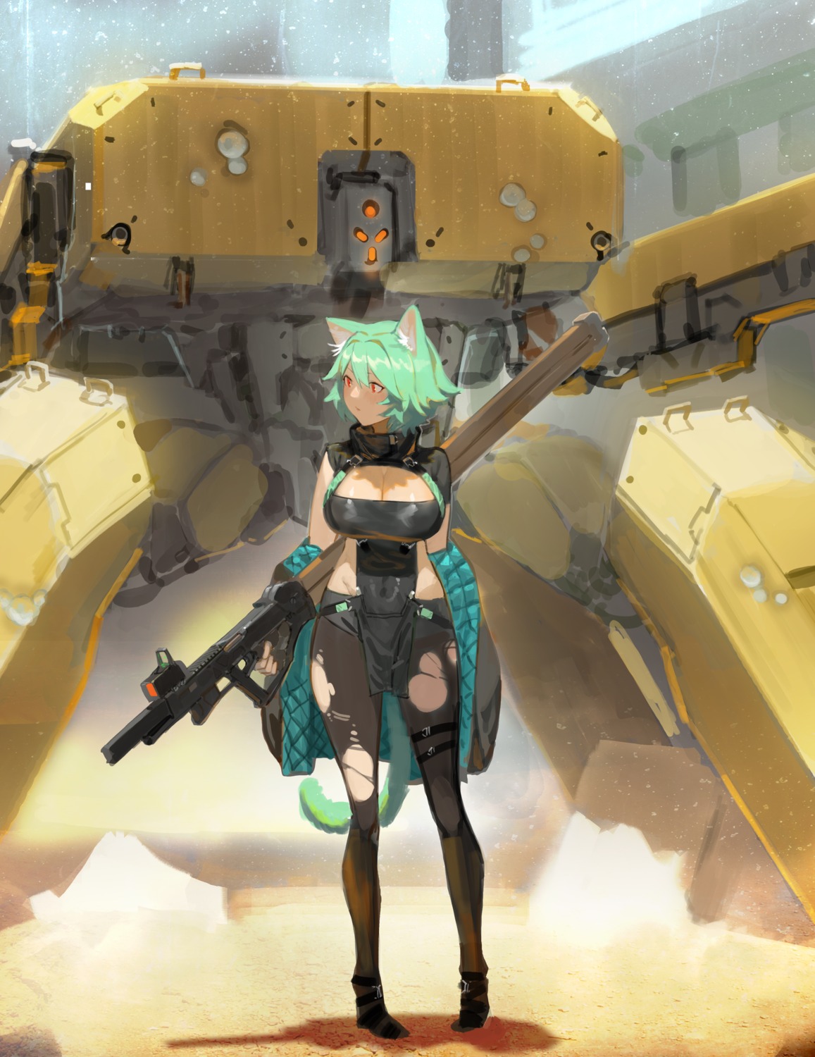 animal_ears cleavage gun kare_huang mecha nekomimi pantyhose tail torn_clothes