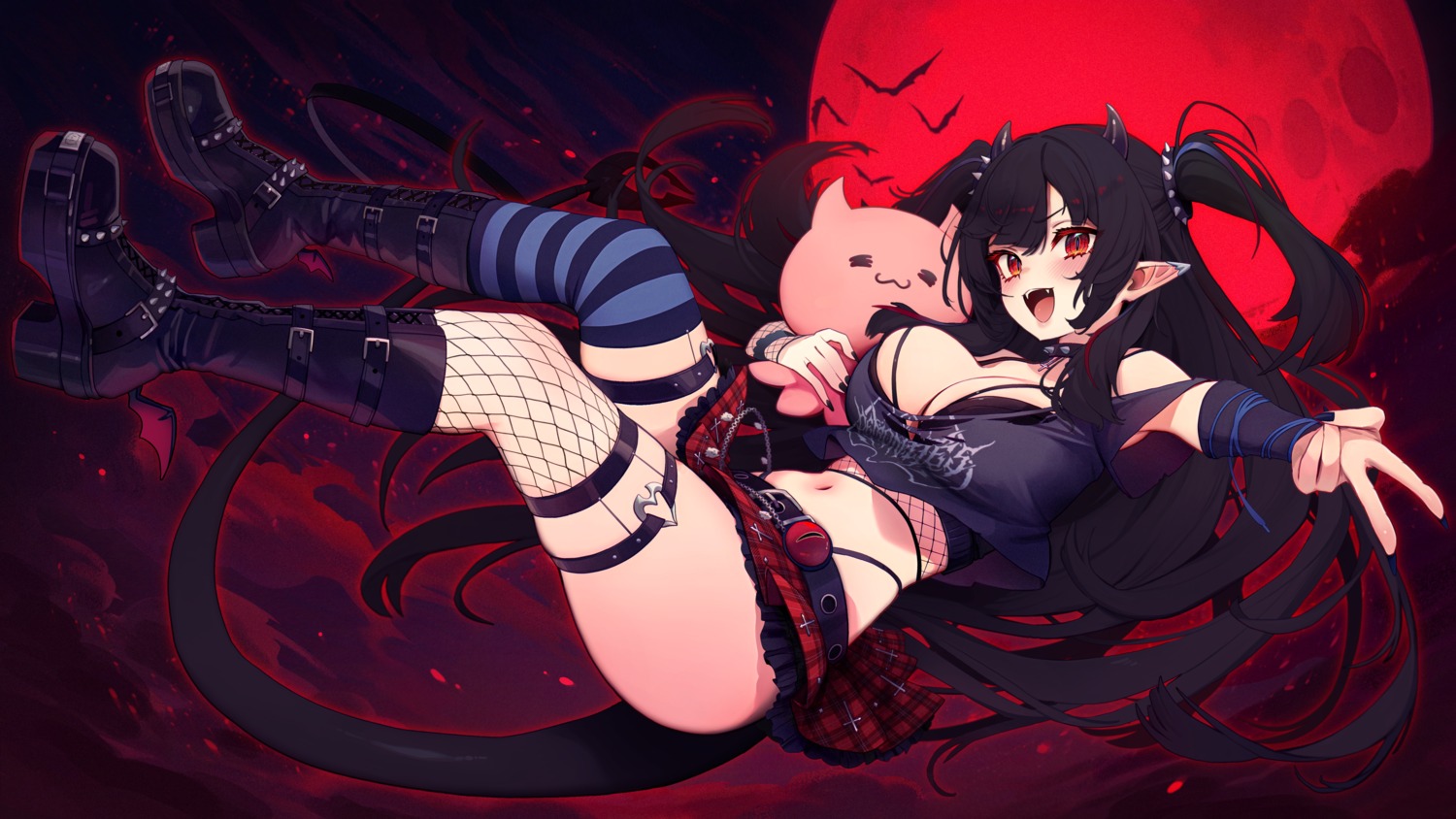 bra clickdraws fishnets garter horns indie_virtual_youtuber lucy_pyre pointy_ears skirt_lift stockings tail thighhighs torn_clothes