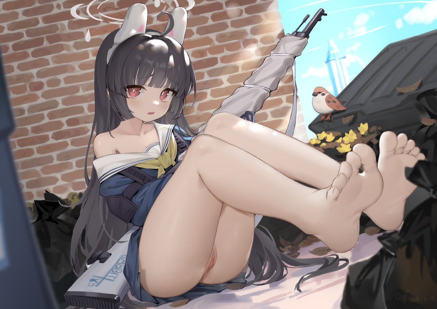 amiemie117 animal_ears blue_archive bunny_ears feet gun halo kasumizawa_miyu loli nopan pussy seifuku skirt_lift uncensored