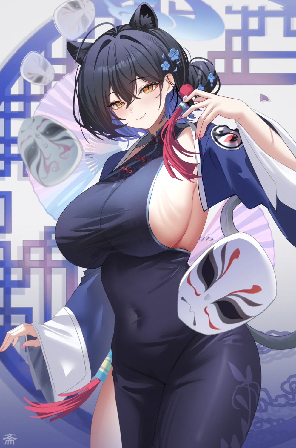 animal_ears blue_archive chinadress halo no_bra tail tansuan_(ensj3875) urushibara_kaguya