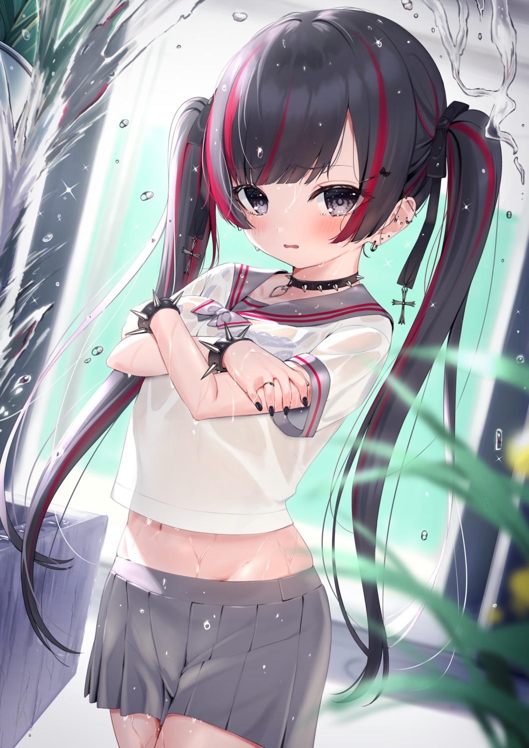 bra loli see_through seifuku tsuki_usagi wet wet_clothes