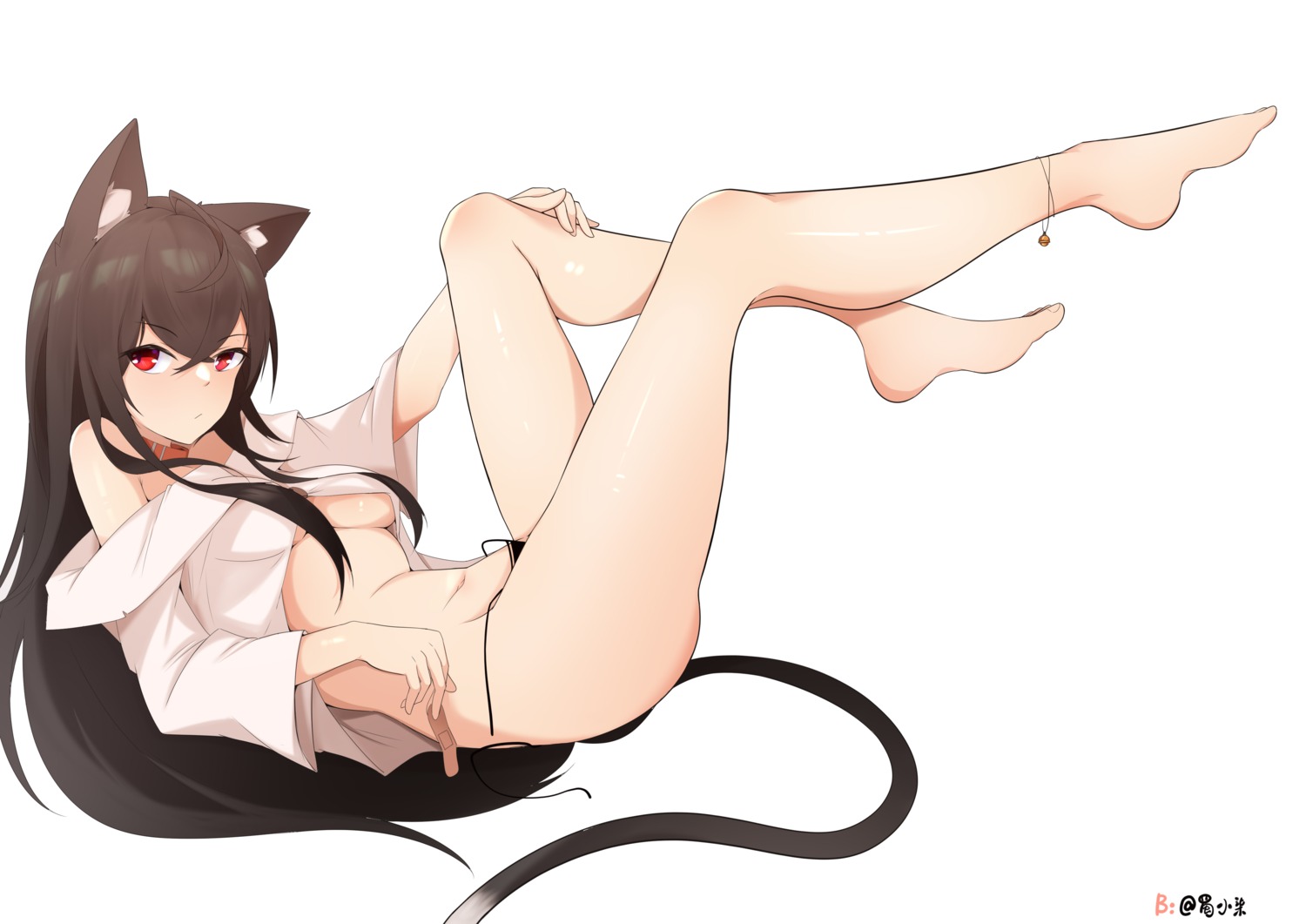 animal_ears bandaid dress_shirt feet hinanawi_mika nekomimi no_bra open_shirt pantsu panty_pull string_panties tail wardrobe_malfunction