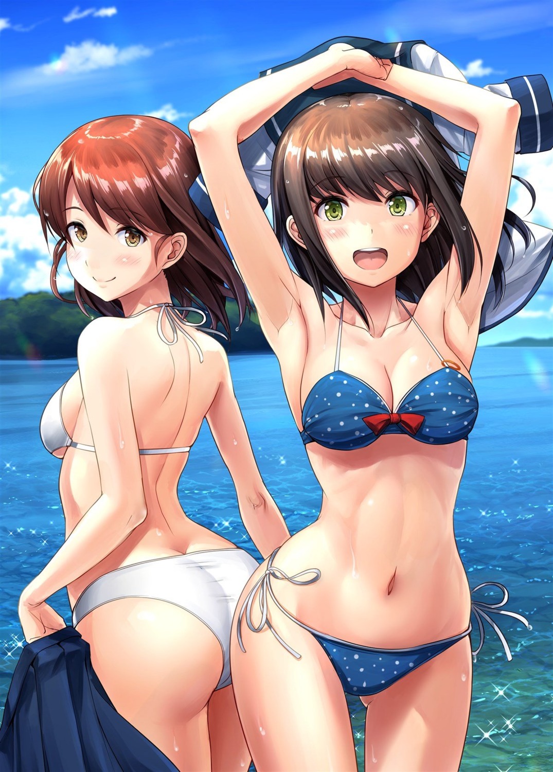 ass bikini cleavage fubuki_(kancolle) ichikawa_feesu kantai_collection seifuku shirayuki_(kancolle) swimsuits