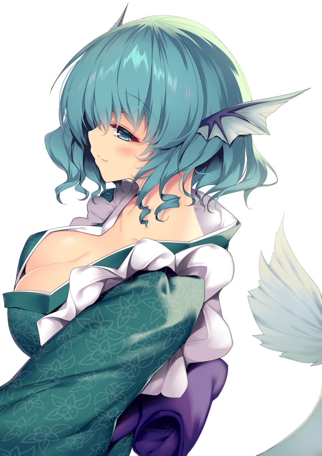 cleavage japanese_clothes mermaid monster_girl no_bra open_shirt sakurame tail touhou wakasagihime