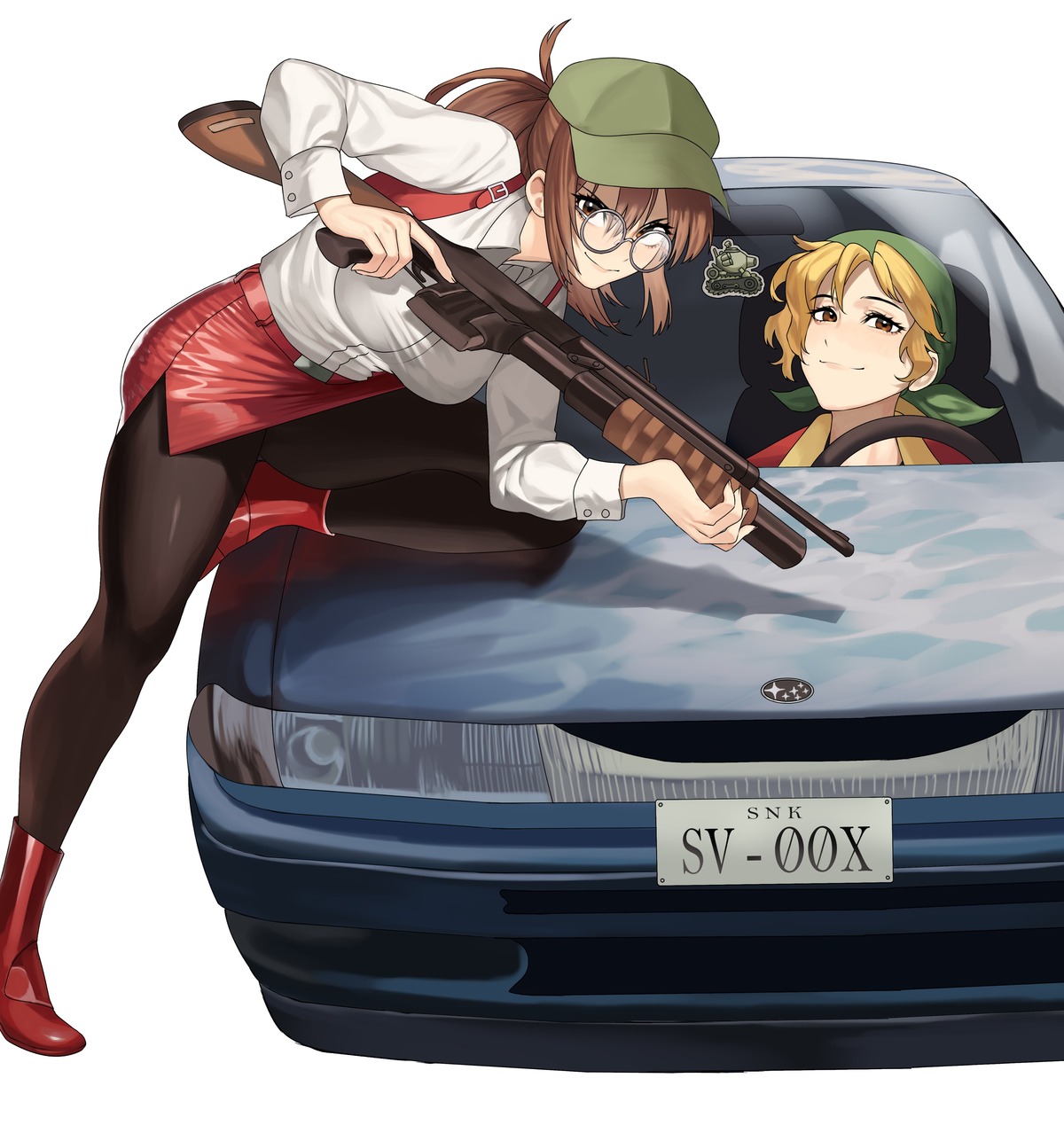 crossover dress_shirt fio_germi gun gunsmith_cats hanny_(uirusu_chan) kasamoto_eri megane metal_slug pantyhose skirt_lift