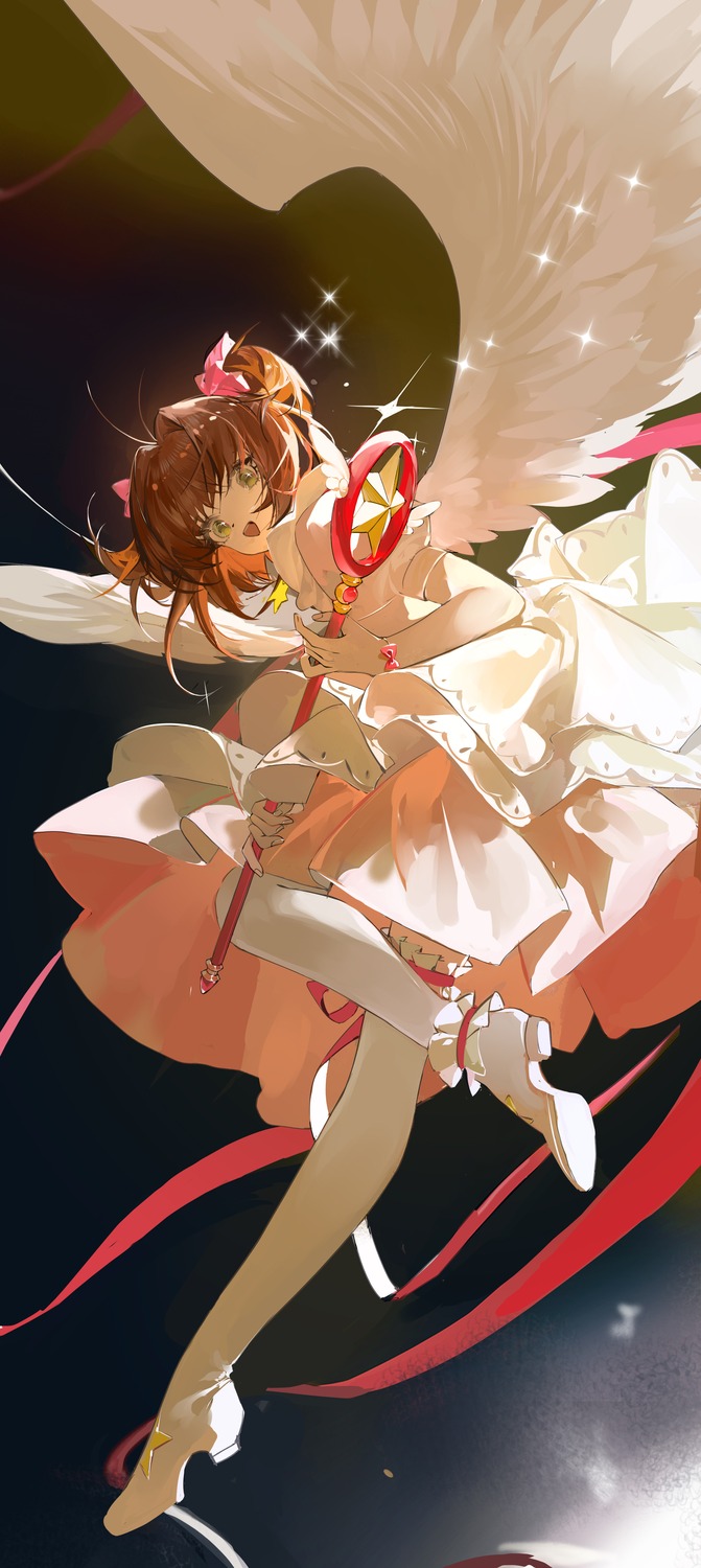 card_captor_sakura cliuu_u dress heels kinomoto_sakura thighhighs weapon wings