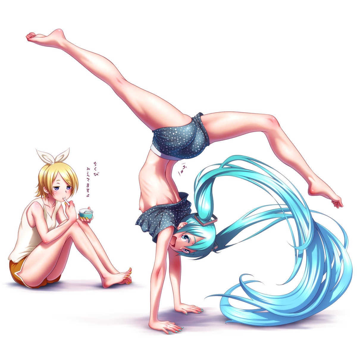 ass breasts hatsune_miku kagamine_rin nipples no_bra shirt_lift vocaloid wardrobe_malfunction wokada