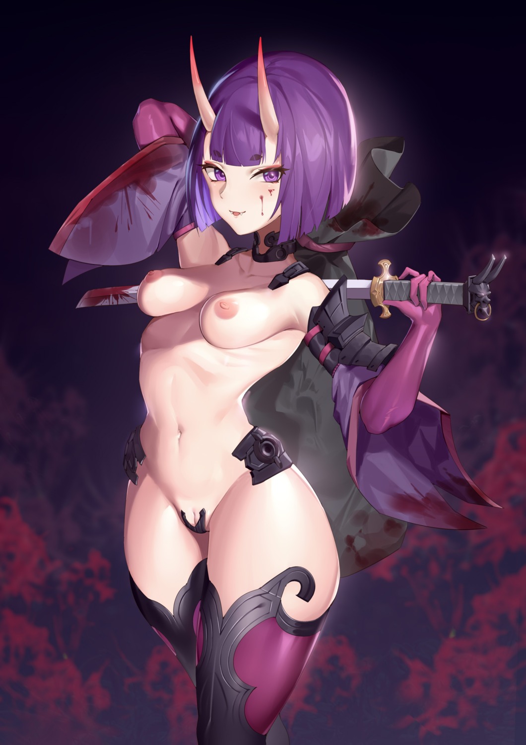 armor blood fate/grand_order horns jingb_dx maebari naked nipples pussy shuten_douji_(fate/grand_order) sword thighhighs uncensored