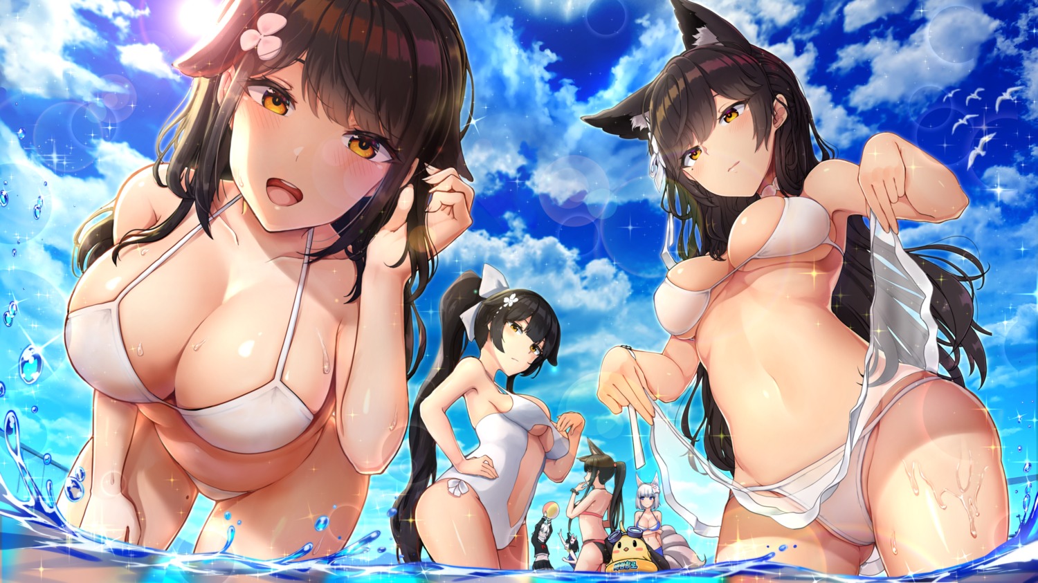 akagi_(azur_lane) animal_ears atago_(azur_lane) azur_lane bikini choukai_(azur_lane) gui_ss kaga_(azur_lane) maya_(azur_lane) skirt_lift swimsuits takao_(azur_lane) wet yamashiro_(azur_lane)