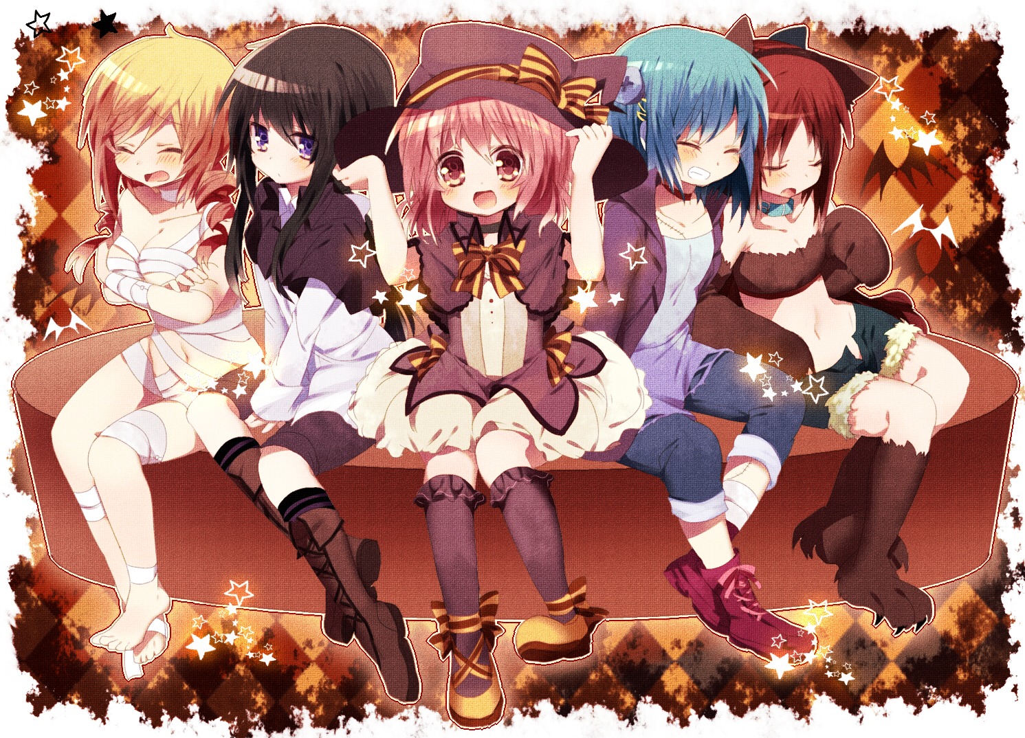 akemi_homura animal_ears bandages cleavage halloween hetaling kaname_madoka miki_sayaka puella_magi_madoka_magica sakura_kyouko screening tomoe_mami