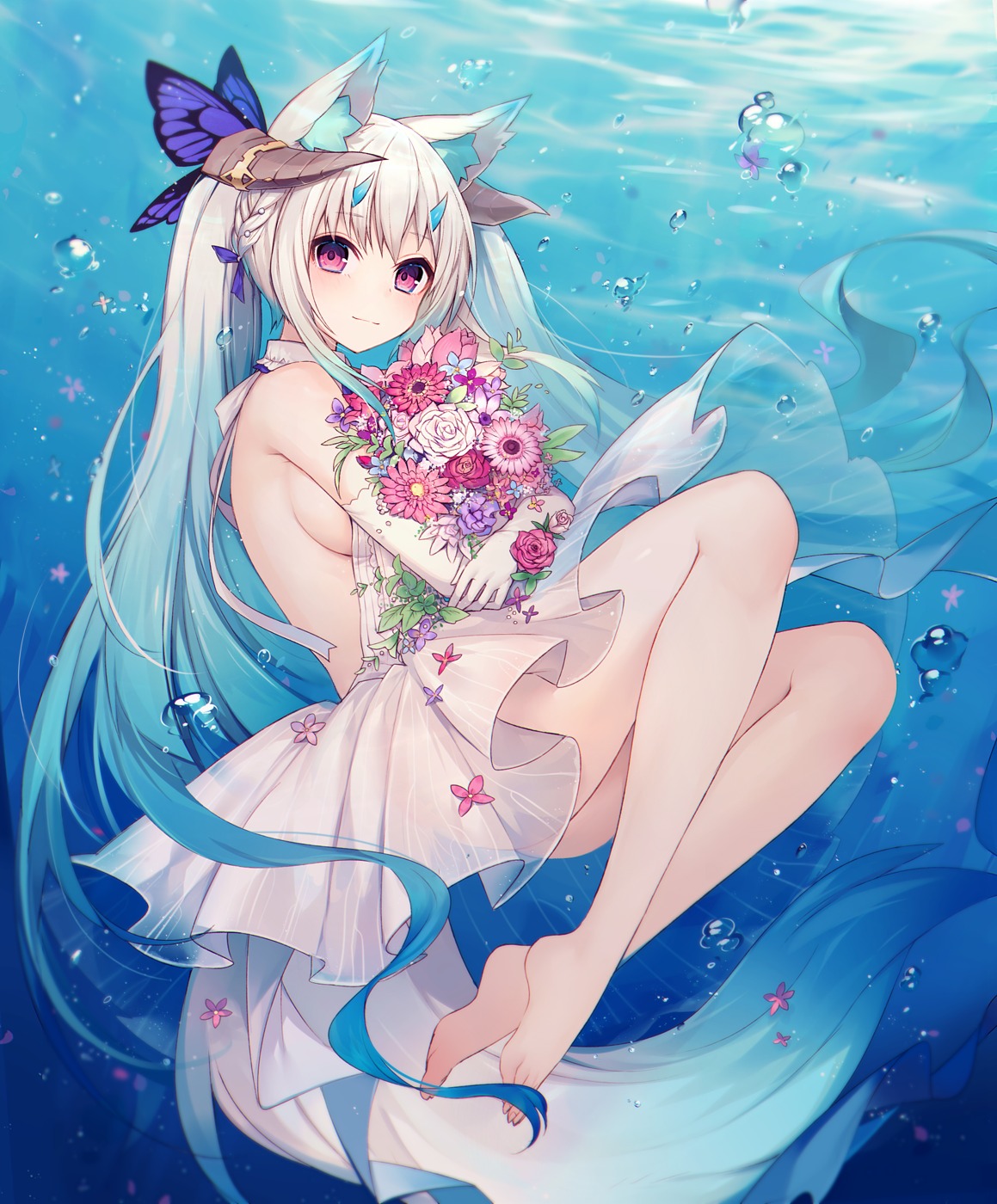 animal_ears dress feet horns muryo no_bra see_through tail