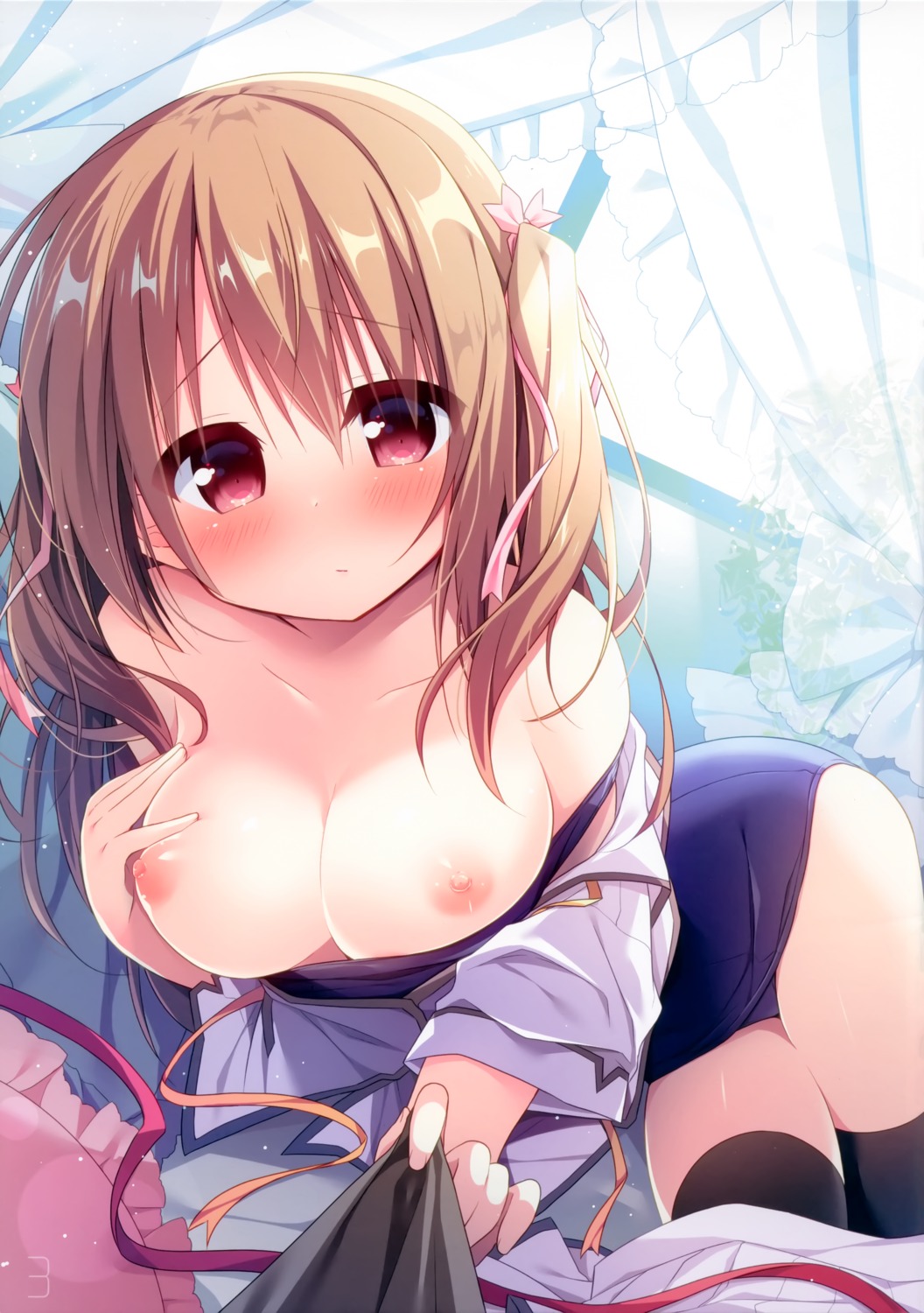 breast_hold breasts hanamiya_natsuka nipples open_shirt school_swimsuit swimsuits thighhighs