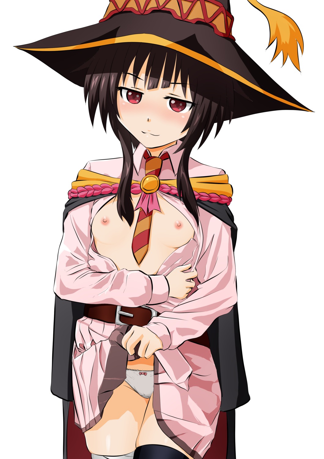 bandages breasts cameltoe kono_subarashii_sekai_ni_shukufuku_wo! megumin nipples no_bra open_shirt pantsu sirokohi skirt_lift thighhighs witch