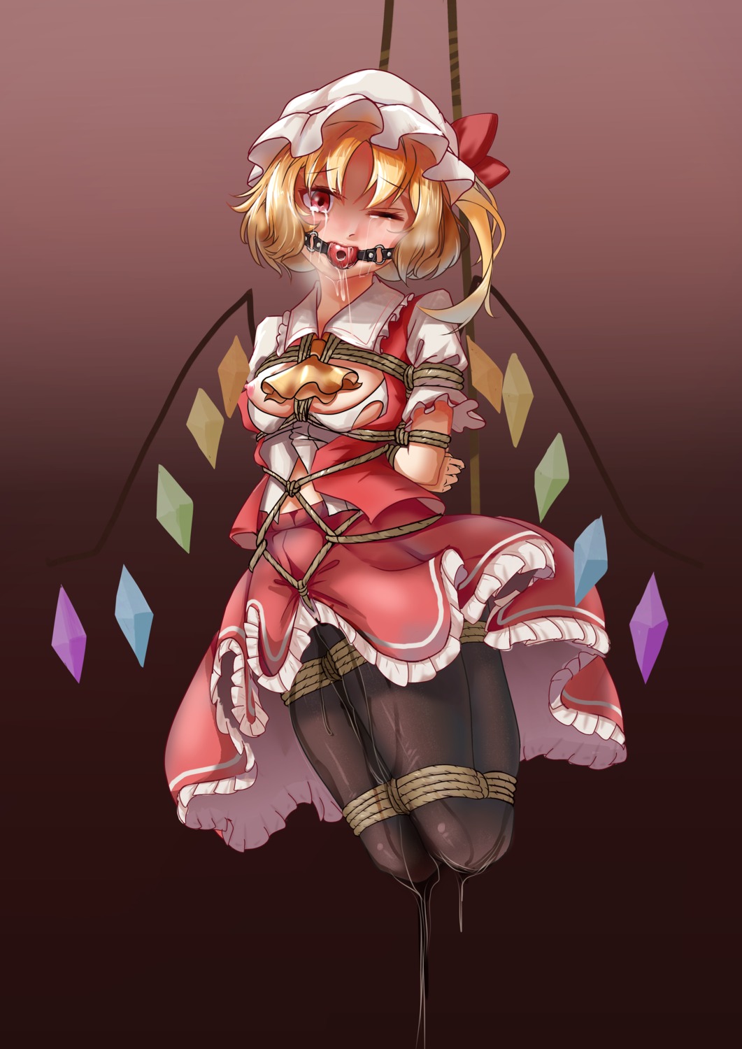 bondage breasts flandre_scarlet langhh nipples no_bra open_shirt pantyhose pussy_juice skirt_lift torn_clothes touhou wet_clothes wings