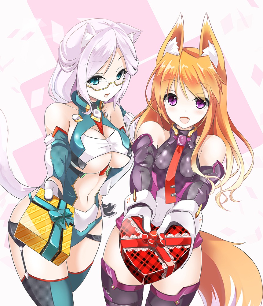 animal_ears bodysuit cleavage fatke kitsune megane nekomimi stockings tail thighhighs underboob valentine