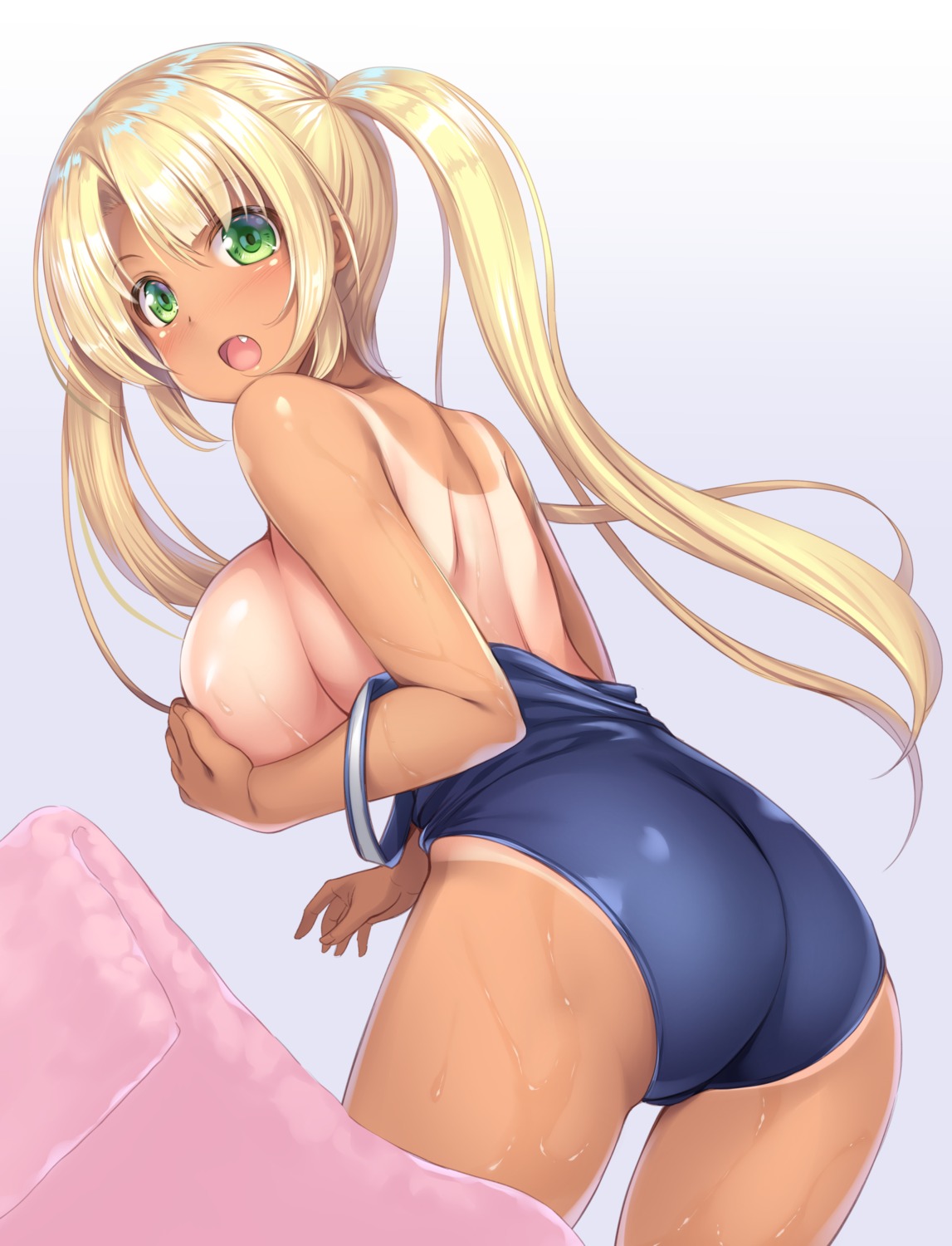 ass breast_hold breasts kageira school_swimsuit swimsuits tan_lines wardrobe_malfunction