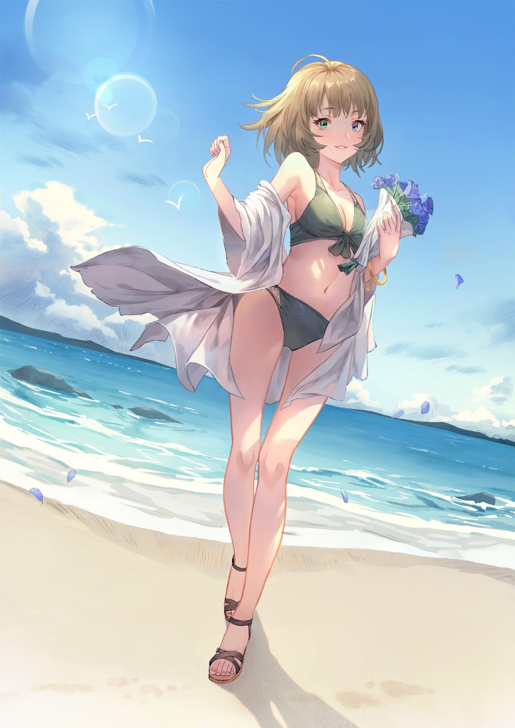 bikini cleavage heterochromia open_shirt ruien swimsuits takagaki_kaede the_idolm@ster the_idolm@ster_cinderella_girls