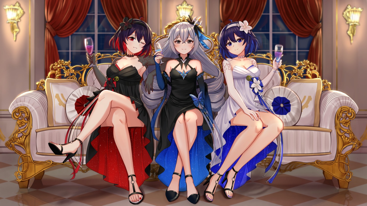 aircell benghuai_xueyuan bronya_zaychik cleavage dress heels honkai_impact seele_vollerei skirt_lift