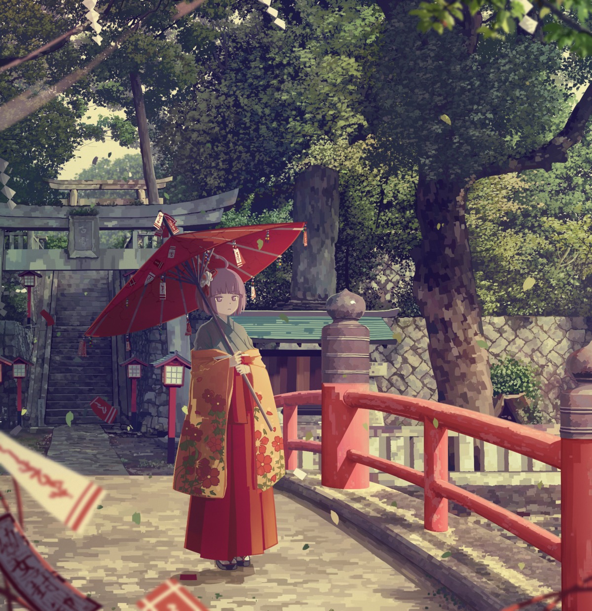hieda_no_akyuu japanese_clothes koyuki_ekaki landscape touhou umbrella