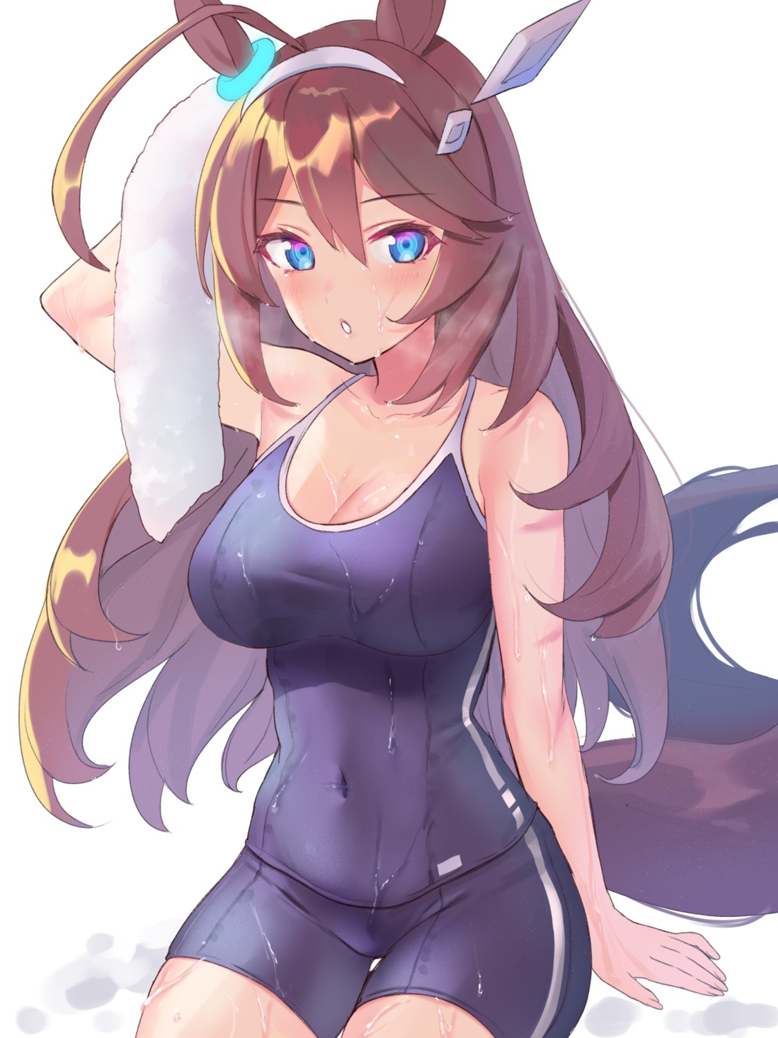 animal_ears bishooji cleavage mihono_bourbon_(umamusume) school_swimsuit swimsuits tail uma_musume_pretty_derby