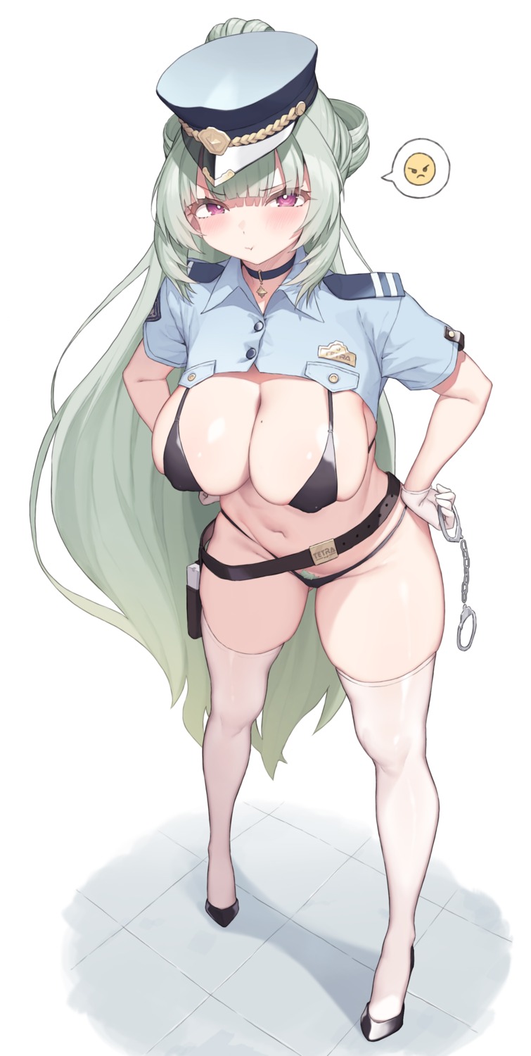 bikini cloba erect_nipples goddess_of_victory:_nikke police_uniform pubic_hair soda_(nikke) swimsuits thighhighs thong