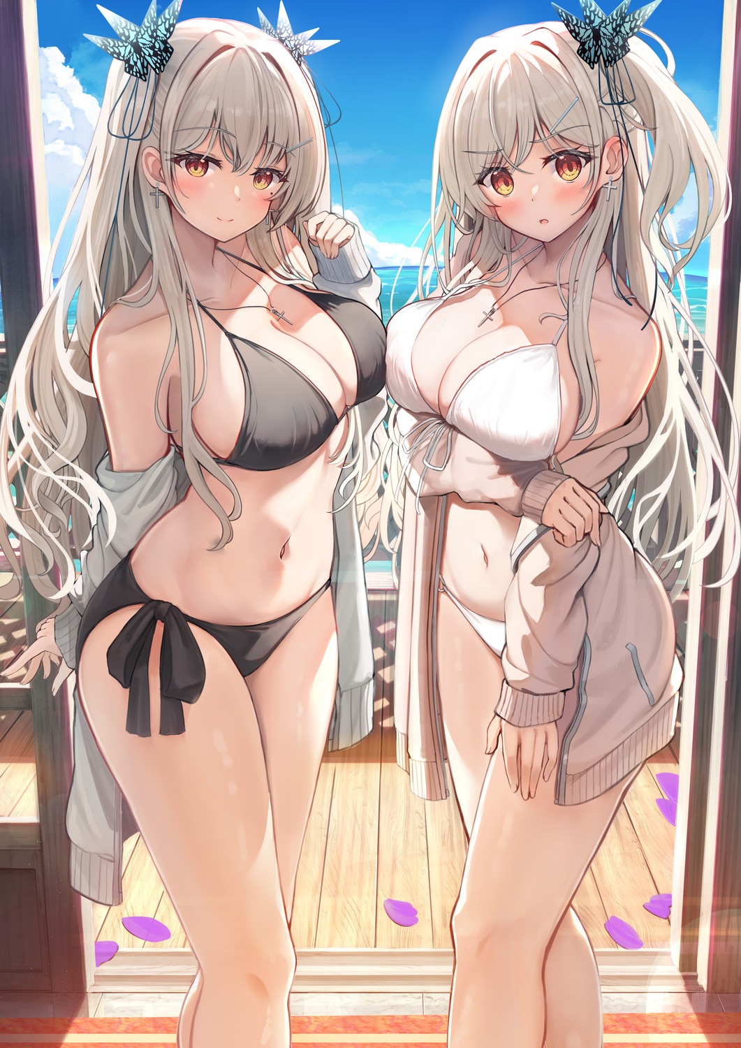 bikini breast_hold hiiragi_ringo open_shirt sweater swimsuits