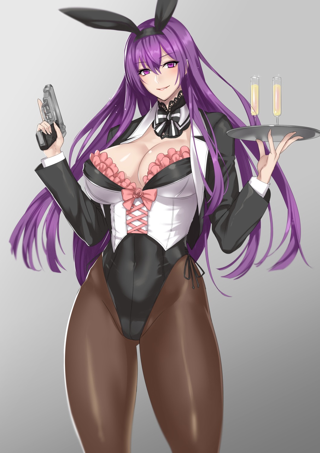 animal_ears bunny_ears bunny_girl cleavage damegane gun nopan open_shirt pantyhose