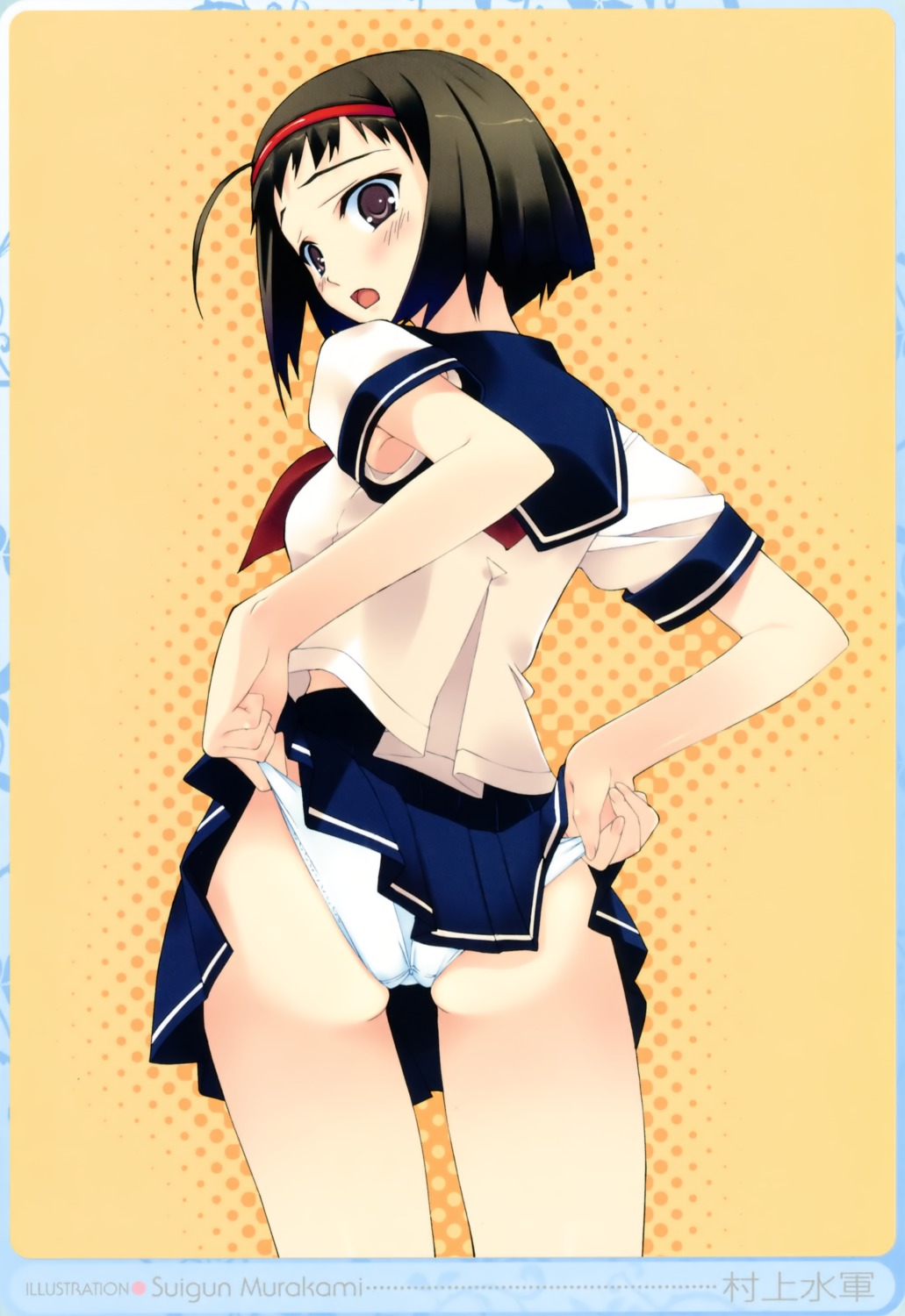 ass murakami_suigun pantsu seifuku skirt_lift tan_lines undressing