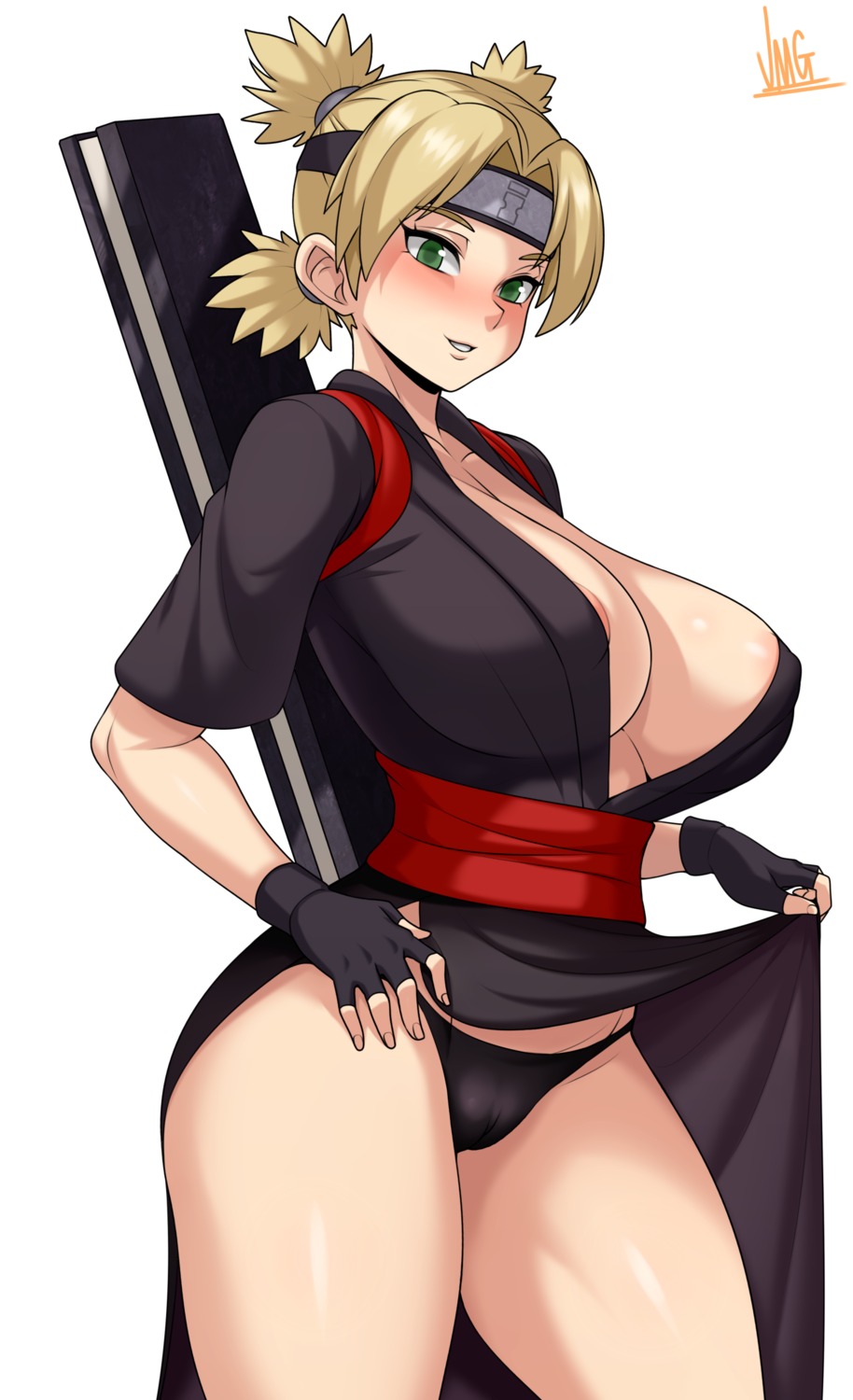 areola cameltoe japanese_clothes jmg naruto no_bra open_shirt pantsu skirt_lift temari_(naruto) weapon