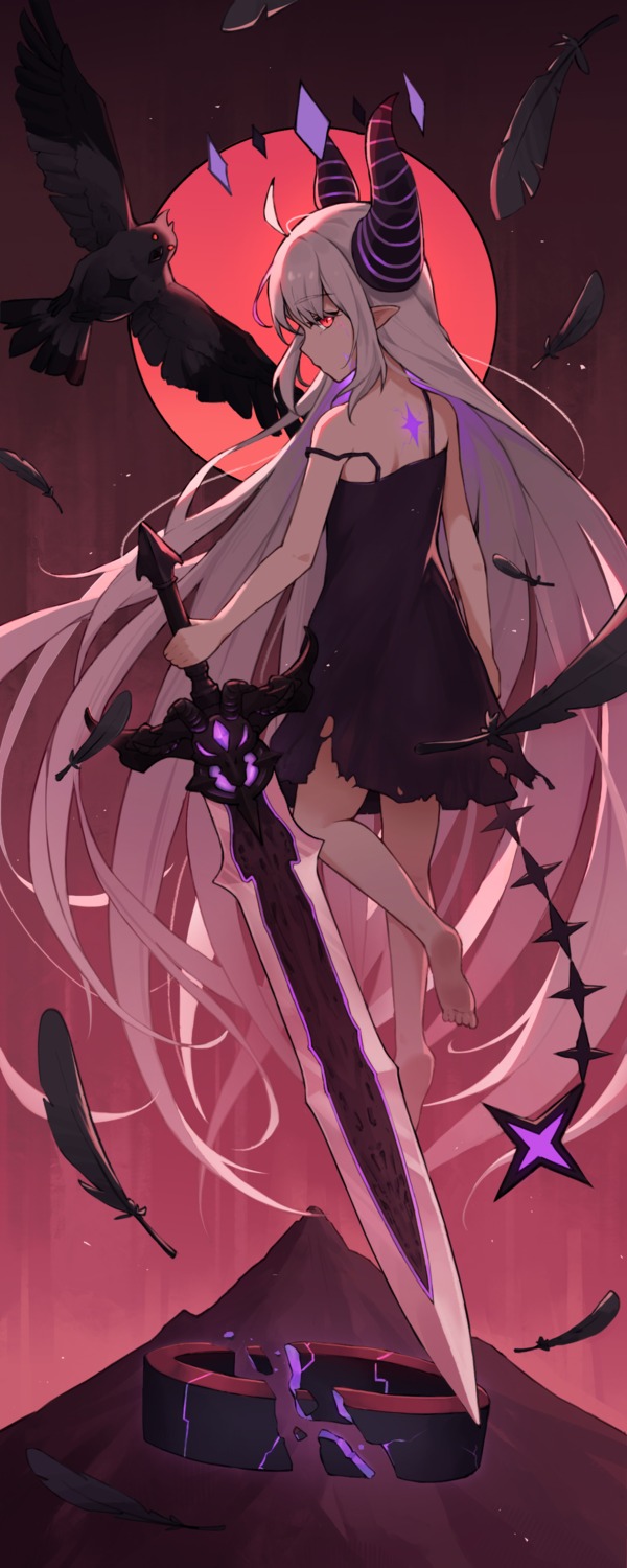 dress hololive horns la+_darknesss no_bra pointy_ears sword tagme tail torn_clothes