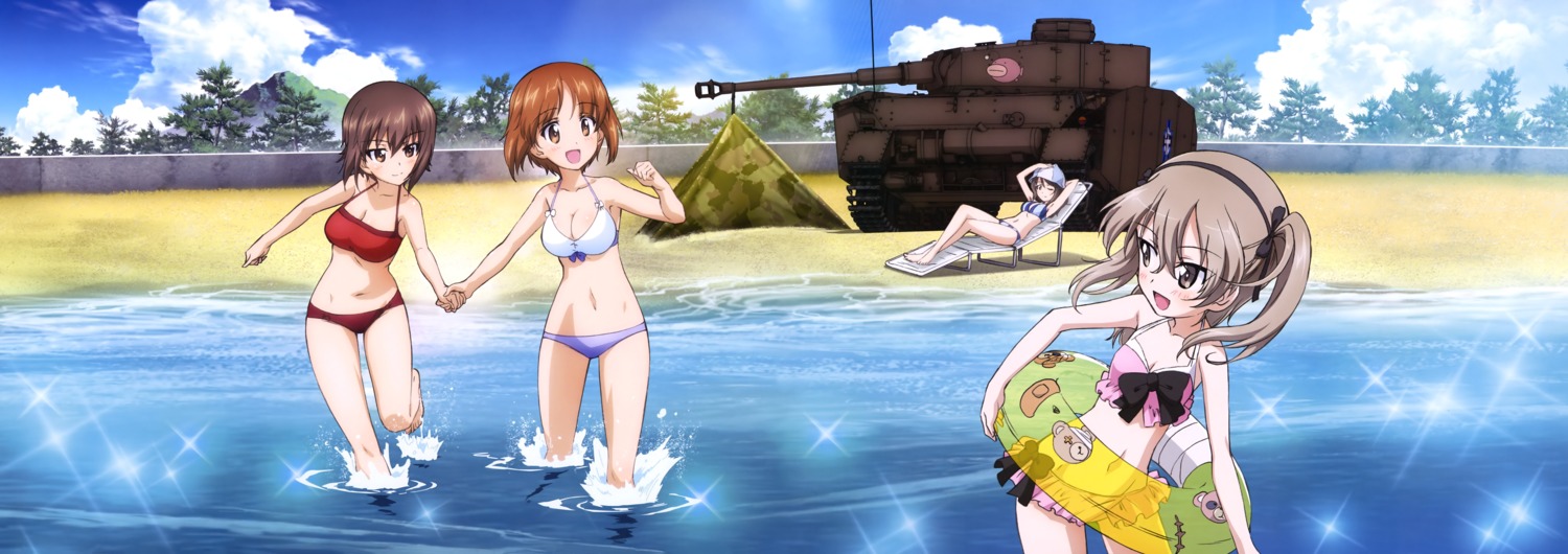 bandages bikini cleavage girls_und_panzer mika_(girls_und_panzer) nishizumi_maho nishizumi_miho shimada_arisu swimsuits wet