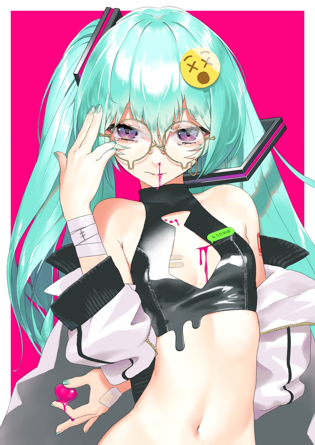 bandages bandaid blood cleavage hatsune_miku megane no_bra open_shirt rsk_(tbhono) tattoo vocaloid