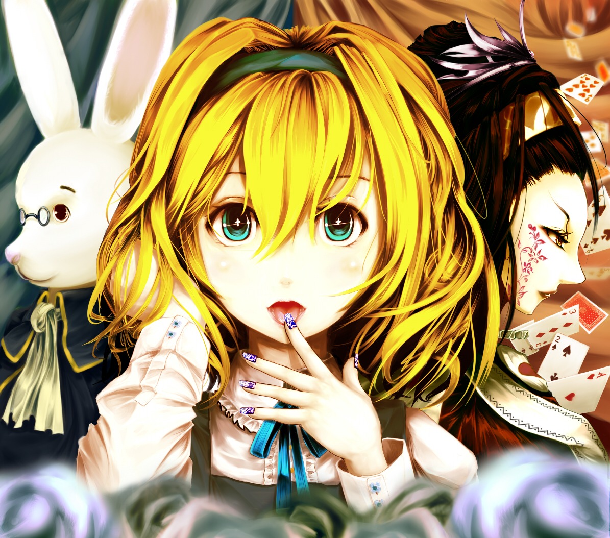 alice alice_in_wonderland kuro_shigure queen_of_hearts white_rabbit