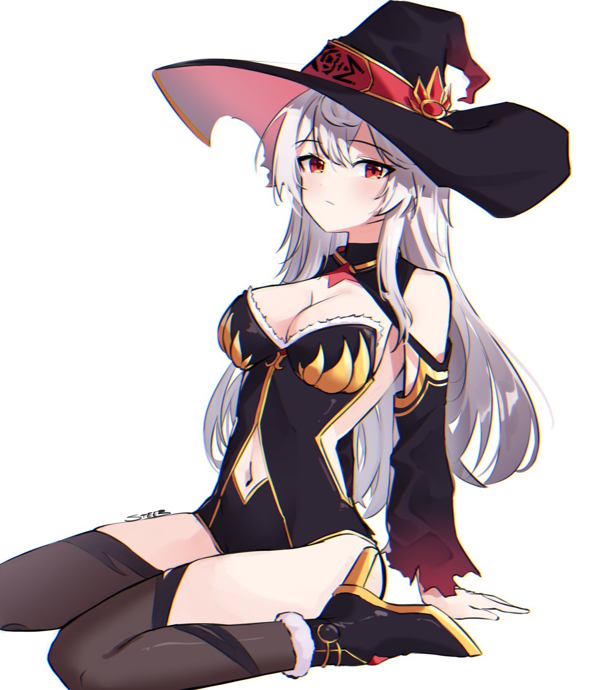 cleavage heels indie_virtual_youtuber leotard mizuz_(indie_virtual_youtuber) no_bra steeb thighhighs torn_clothes witch