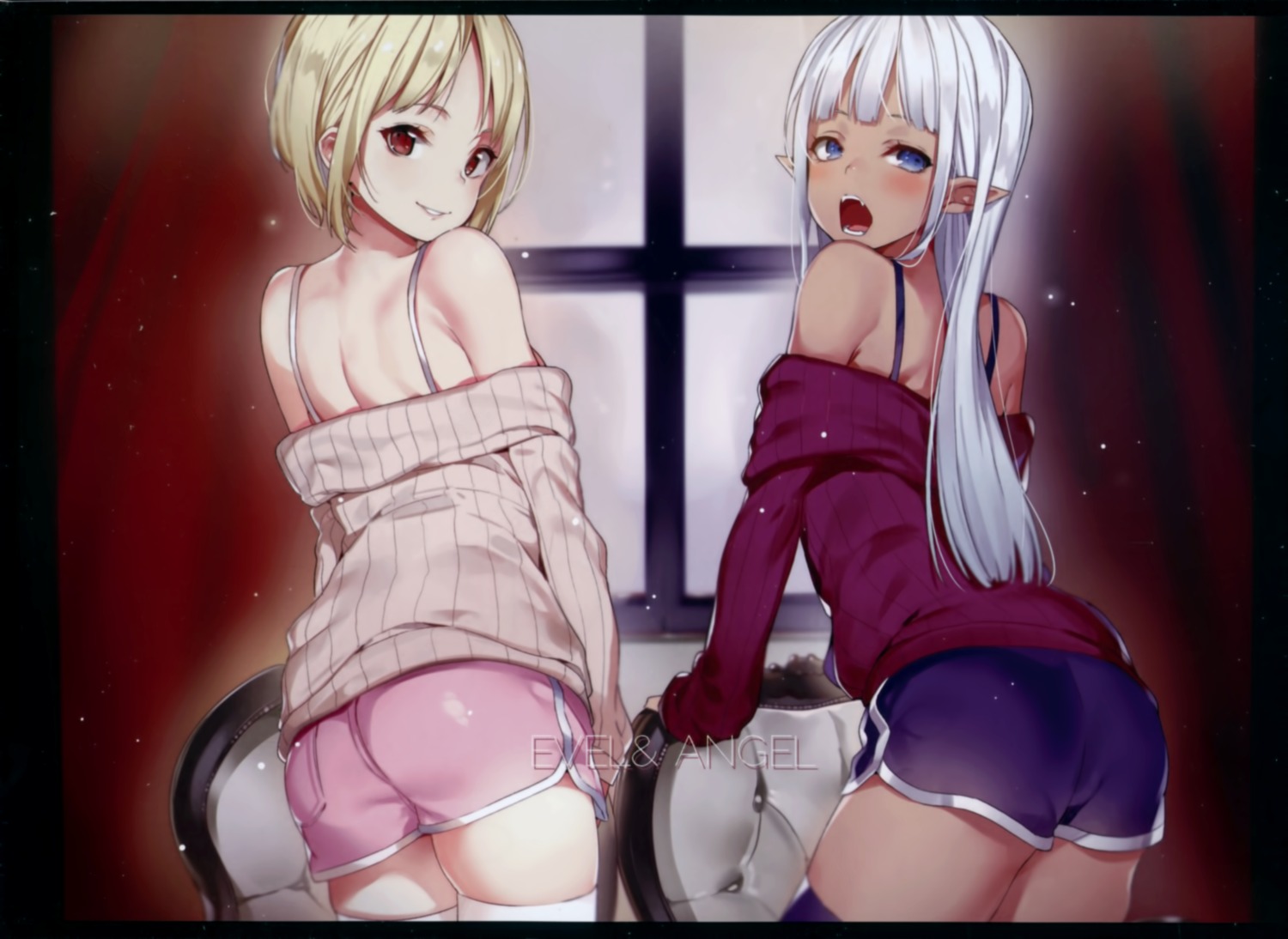 ass bra moonphase open_shirt overfiltered pointy_ears sweater thighhighs yuran