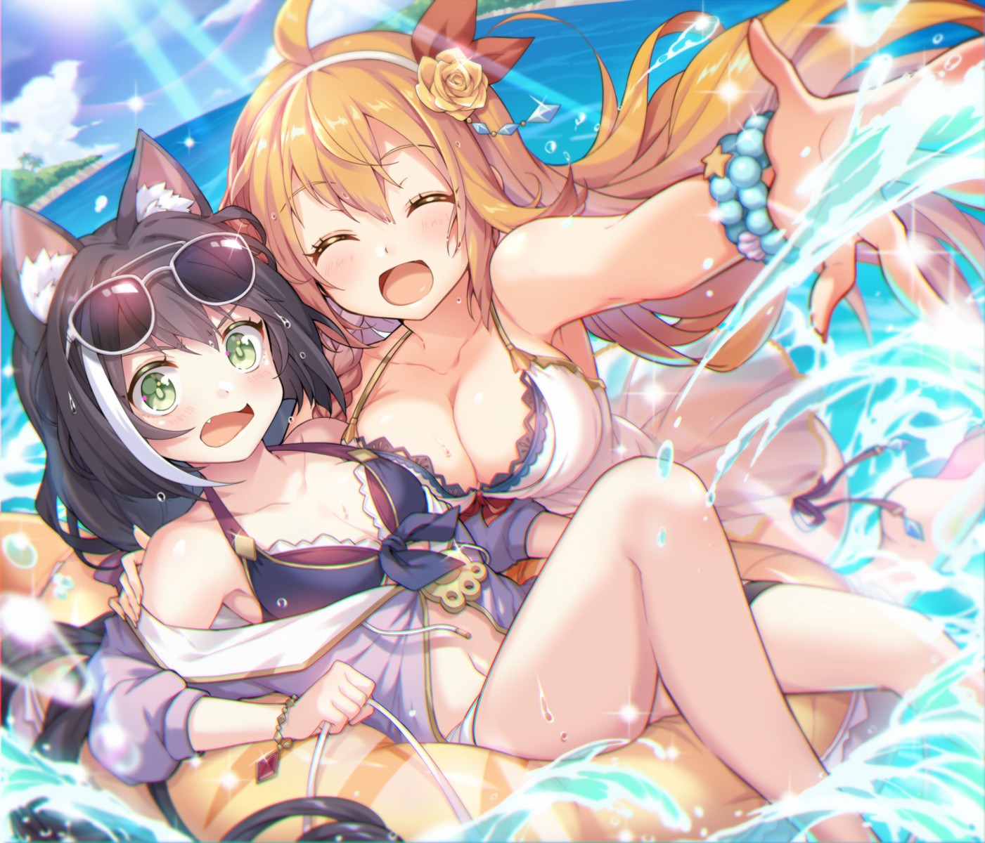 animal_ears bikini_top cleavage garter karyl_(princess_connect) megane open_shirt pecorine princess_connect princess_connect!_re:dive swimsuits takase_kou wet