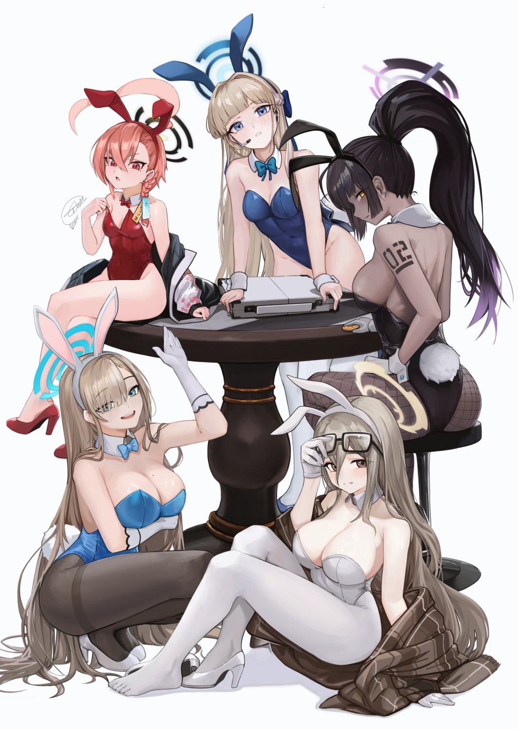 animal_ears anizi asuma_toki blue_archive bunny_ears bunny_girl fishnets halo heels ichinose_asuna kakudate_karin loli megane mikamo_neru murokasa_akane no_bra pantyhose tail tattoo thighhighs