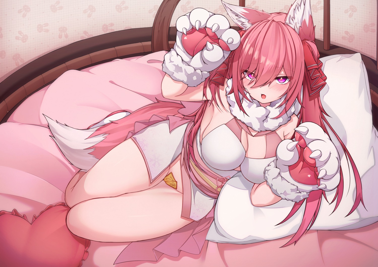 5danny1206 animal_ears cleavage japanese_clothes kitsune maebari no_bra nopan tail