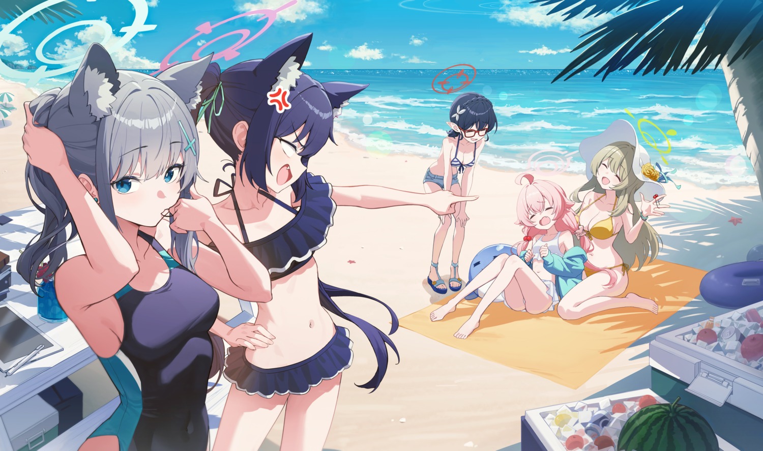 animal_ears bikini bikini_top blue_archive goeleu halo izayoi_nonomi kuromi_serika megane nekomimi okusora_ayane open_shirt pointy_ears sunaookami_shiroko swimsuits takanashi_hoshino thong