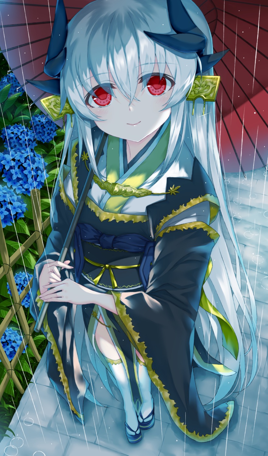 fate/grand_order horns japanese_clothes kiyohime_(fate/grand_order) morizono_shiki thighhighs umbrella